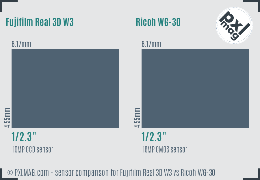 Fujifilm Real 3D W3 vs Ricoh WG-30 sensor size comparison