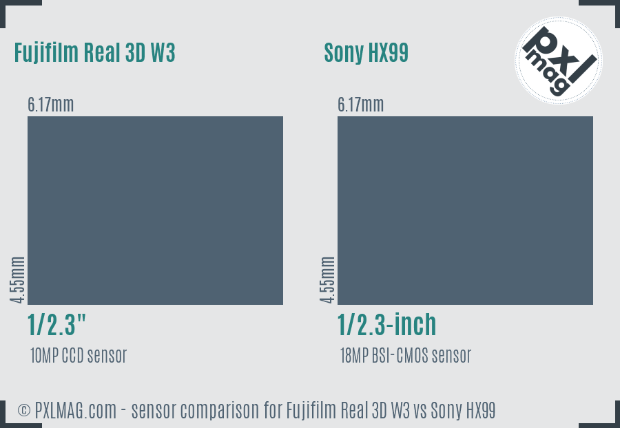 Fujifilm Real 3D W3 vs Sony HX99 sensor size comparison