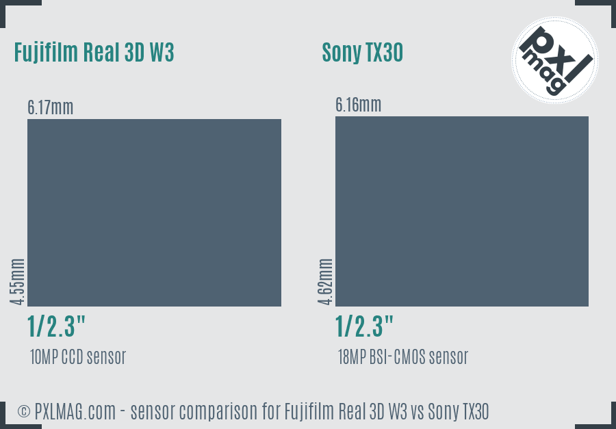 Fujifilm Real 3D W3 vs Sony TX30 sensor size comparison
