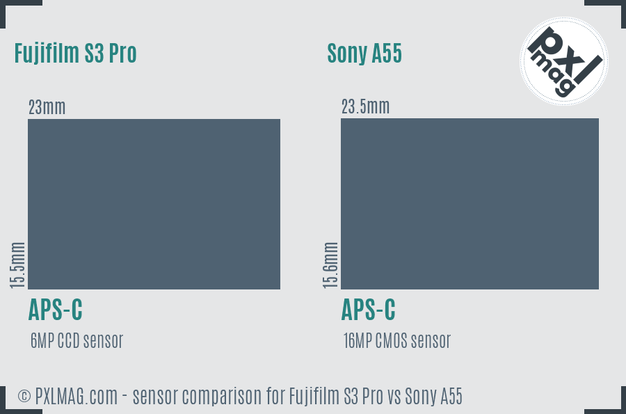 Fujifilm S3 Pro vs Sony A55 sensor size comparison