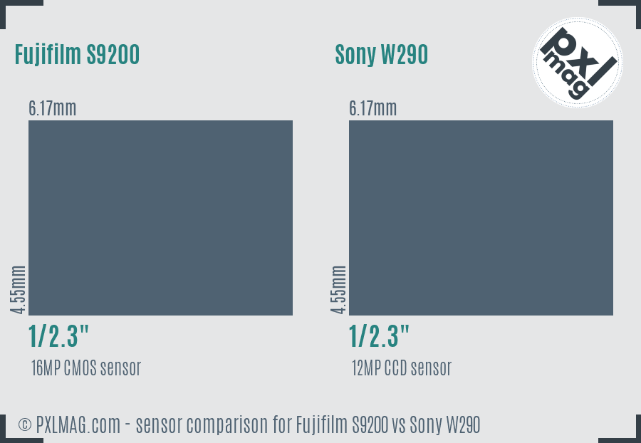 Fujifilm S9200 vs Sony W290 sensor size comparison