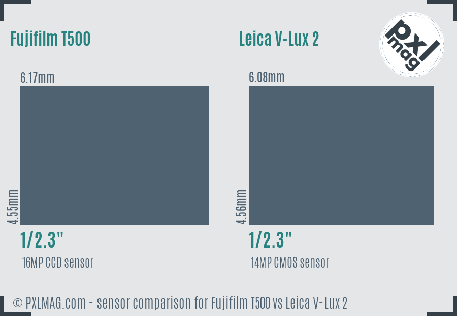 Fujifilm T500 vs Leica V-Lux 2 sensor size comparison