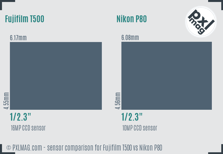 Fujifilm T500 vs Nikon P80 sensor size comparison Fujifilm T500 vs Nikon P80 sensor size comparison