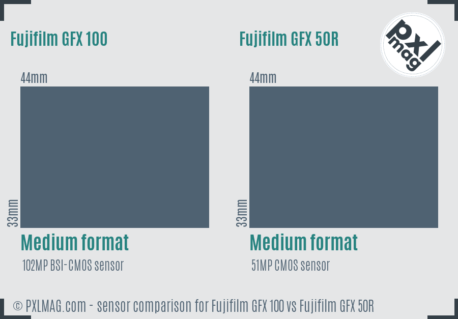 Fujifilm GFX 100 vs Fujifilm GFX 50R sensor size comparison