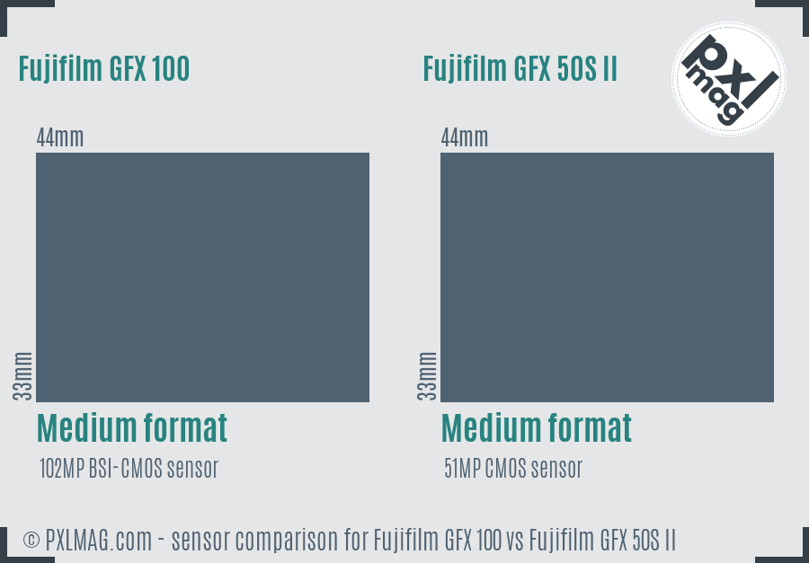 Fujifilm GFX 100 vs Fujifilm GFX 50S II sensor size comparison