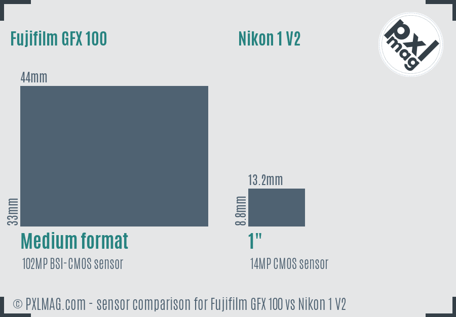 Fujifilm GFX 100 vs Nikon 1 V2 sensor size comparison