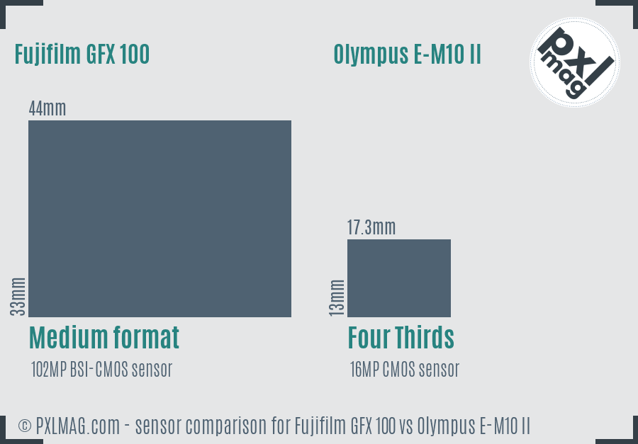 Fujifilm GFX 100 vs Olympus E-M10 II sensor size comparison