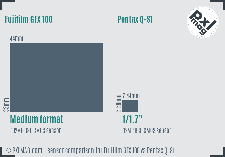 Fujifilm GFX 100 vs Pentax Q-S1 sensor size comparison
