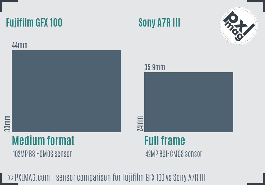 Fujifilm GFX 100 vs Sony A7R III sensor size comparison