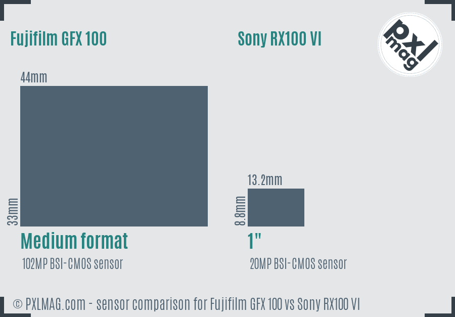 Fujifilm GFX 100 vs Sony RX100 VI sensor size comparison