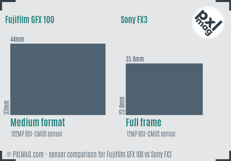 Fujifilm GFX 100 vs Sony FX3 sensor size comparison