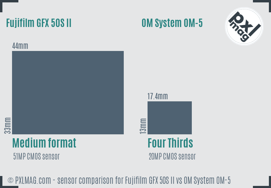Fujifilm GFX 50S II vs OM System OM-5 sensor size comparison