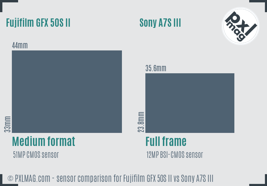 Fujifilm GFX 50S II vs Sony A7S III sensor size comparison