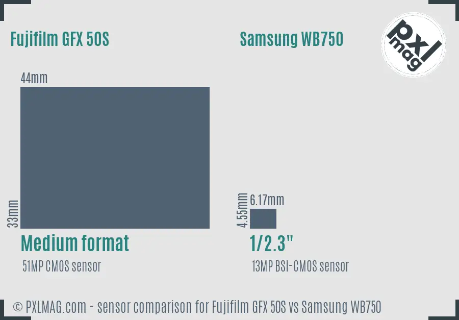 Fujifilm GFX 50S vs Samsung WB750 sensor size comparison