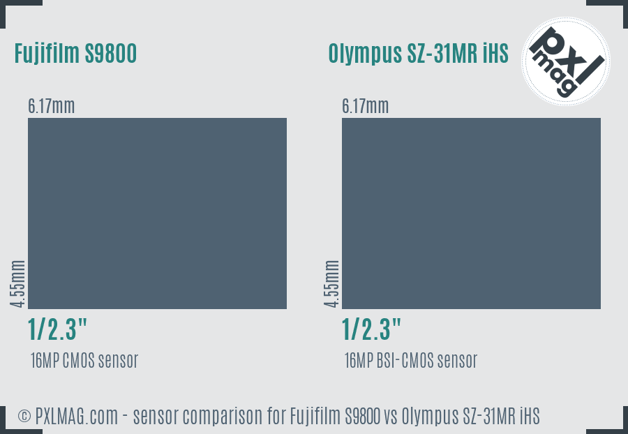 Fujifilm S9800 vs Olympus SZ-31MR iHS sensor size comparison Fujifilm S9800 vs Olympus SZ-31MR iHS sensor size comparison