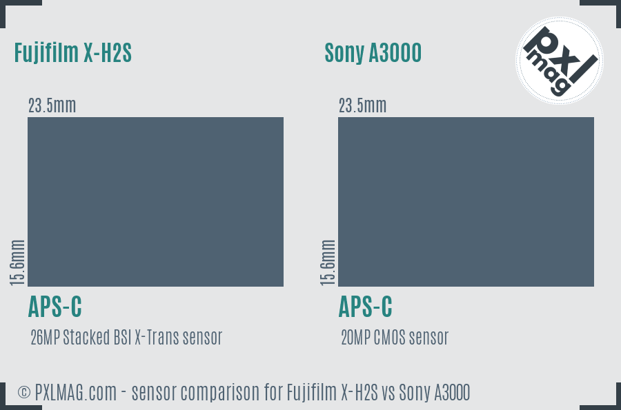 Fujifilm X-H2S vs Sony A3000 sensor size comparison