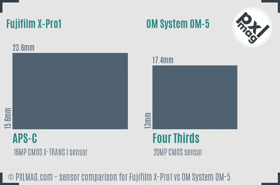 Fujifilm X-Pro1 vs OM System OM-5 sensor size comparison