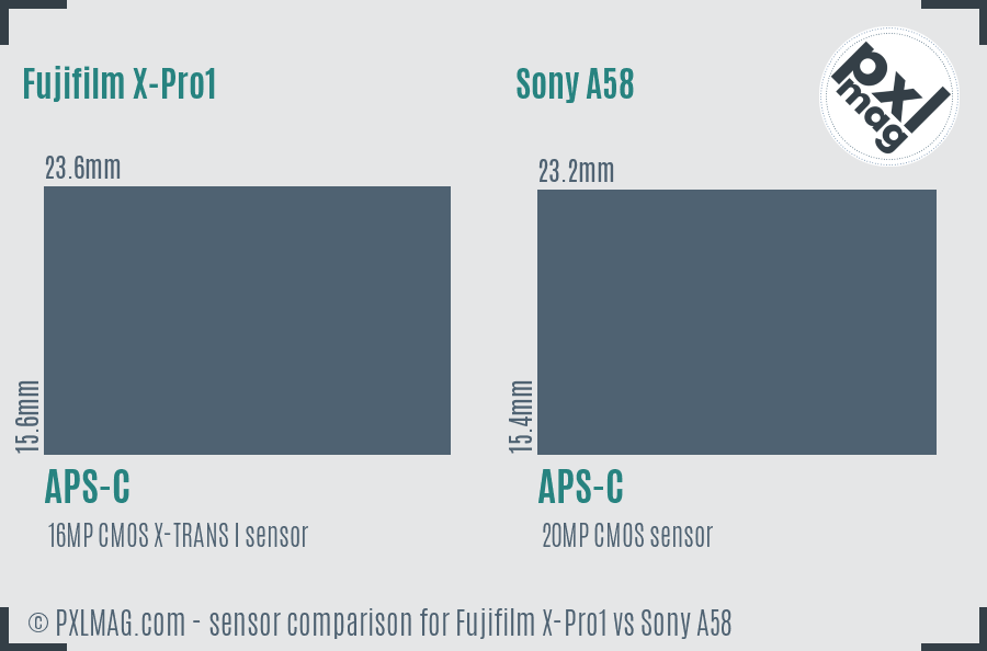 Fujifilm X-Pro1 vs Sony A58 sensor size comparison