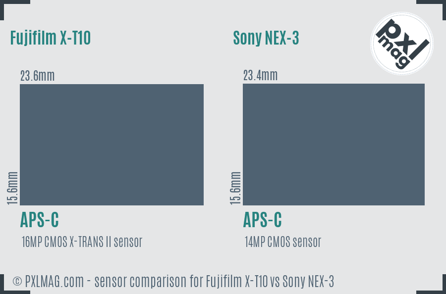 Fujifilm X-T10 vs Sony NEX-3 sensor size comparison Fujifilm X-T10 vs Sony NEX-3 sensor size comparison