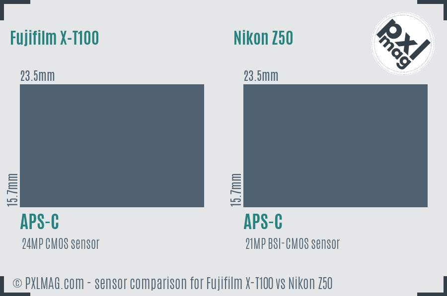 Fujifilm X-T100 vs Nikon Z50 sensor size comparison