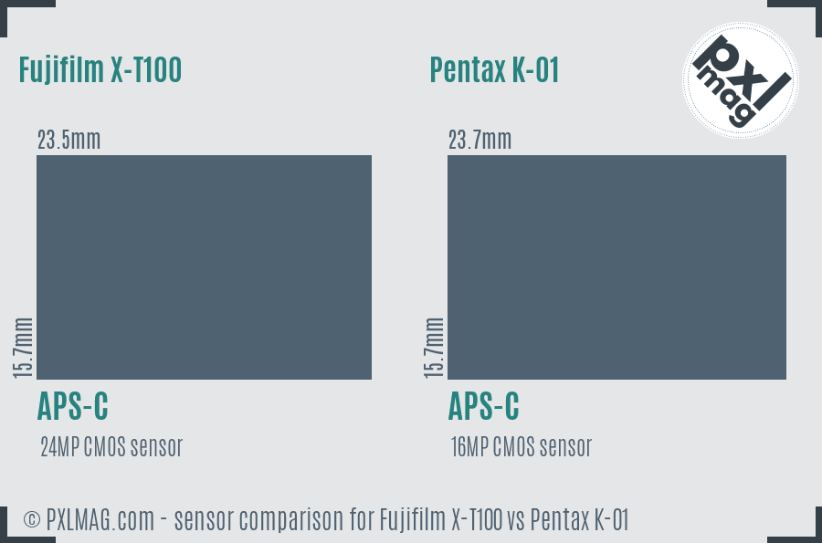 Fujifilm X-T100 vs Pentax K-01 sensor size comparison