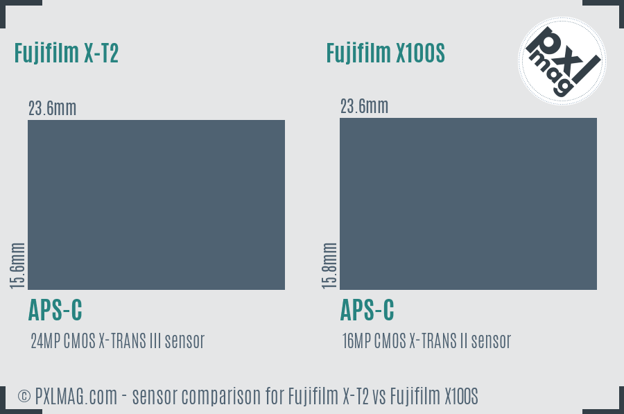 Fujifilm X-T2 vs Fujifilm X100S sensor size comparison Fujifilm X-T2 vs Fujifilm X100S sensor size comparison