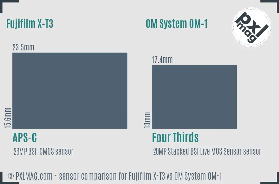Fujifilm X-T3 vs OM System OM-1 sensor size comparison