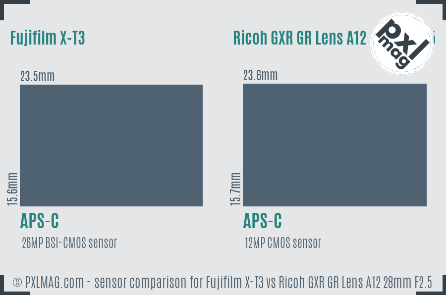 Fujifilm X-T3 vs Ricoh GXR GR Lens A12 28mm F2.5 sensor size comparison