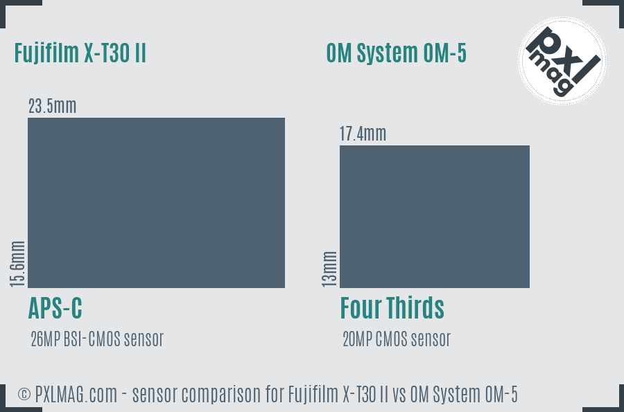 Fujifilm X-T30 II vs OM System OM-5 sensor size comparison