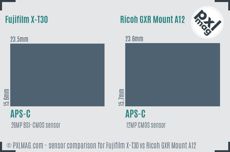 Fujifilm X-T30 vs Ricoh GXR Mount A12 sensor size comparison