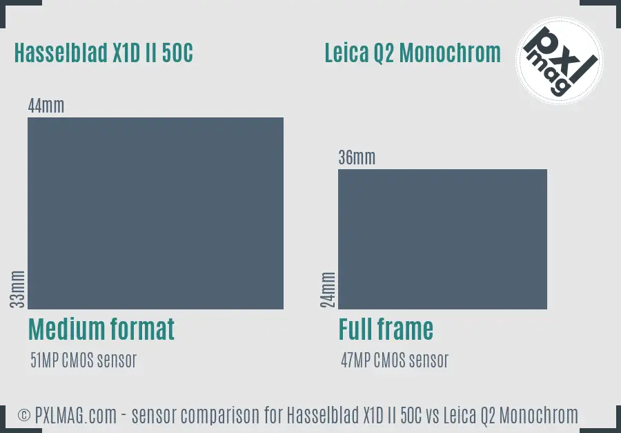 Hasselblad X1D II 50C vs Leica Q2 Monochrom sensor size comparison Hasselblad X1D II 50C vs Leica Q2 Monochrom sensor size comparison