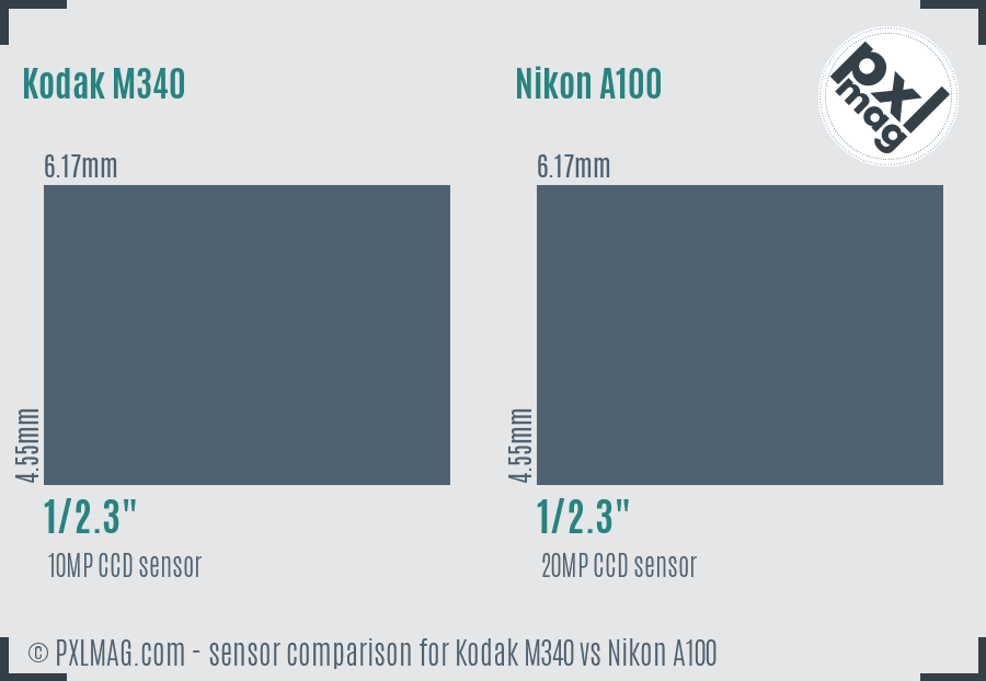 Kodak M340 vs Nikon A100 sensor size comparison