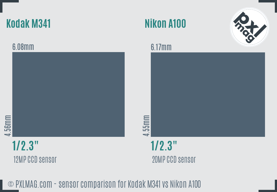 Kodak M341 vs Nikon A100 sensor size comparison