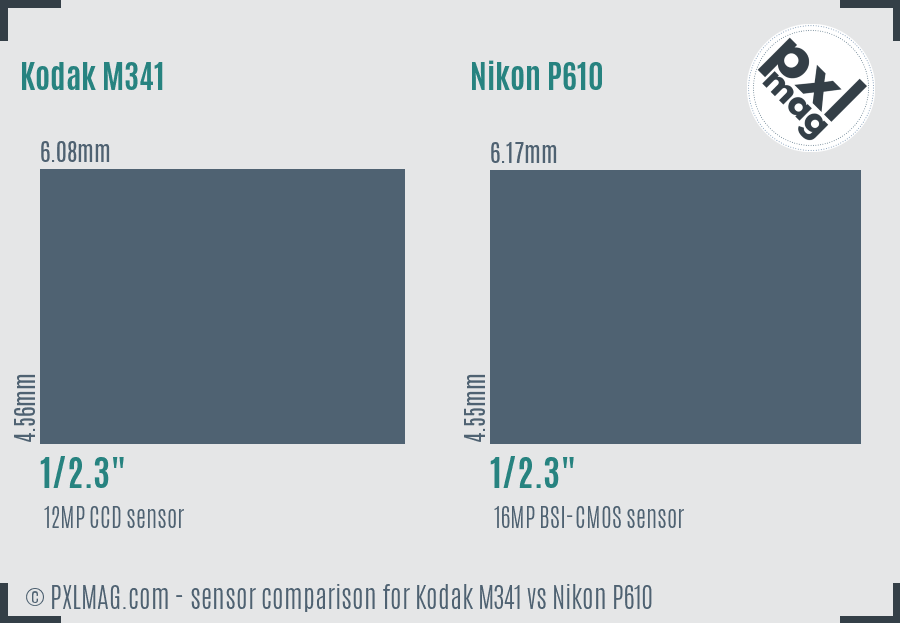 Kodak M341 vs Nikon P610 sensor size comparison