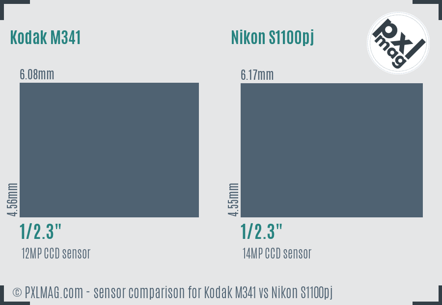 Kodak M341 vs Nikon S1100pj sensor size comparison