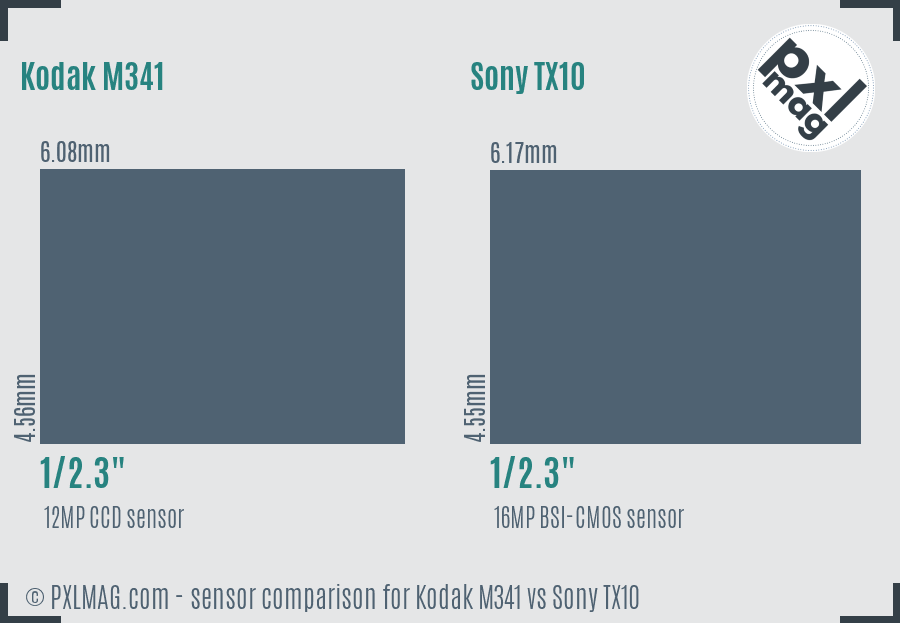 Kodak M341 vs Sony TX10 sensor size comparison