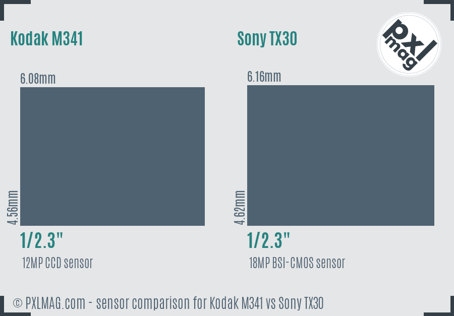 Kodak M341 vs Sony TX30 sensor size comparison