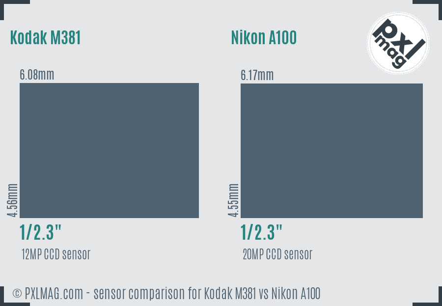 Kodak M381 vs Nikon A100 sensor size comparison
