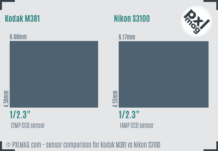 Kodak M381 vs Nikon S3100 sensor size comparison