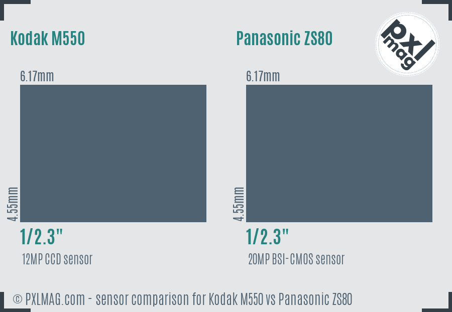 Kodak M550 vs Panasonic ZS80 sensor size comparison