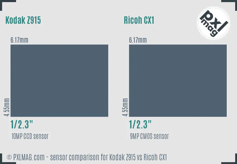 Kodak Z915 vs Ricoh CX1 sensor size comparison