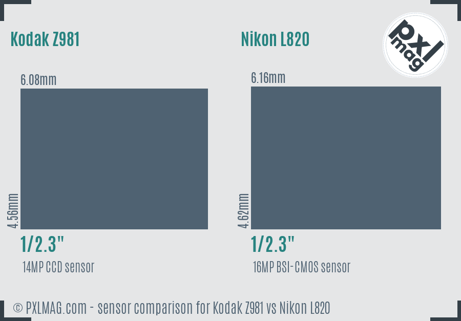 Kodak Z981 vs Nikon L820 sensor size comparison