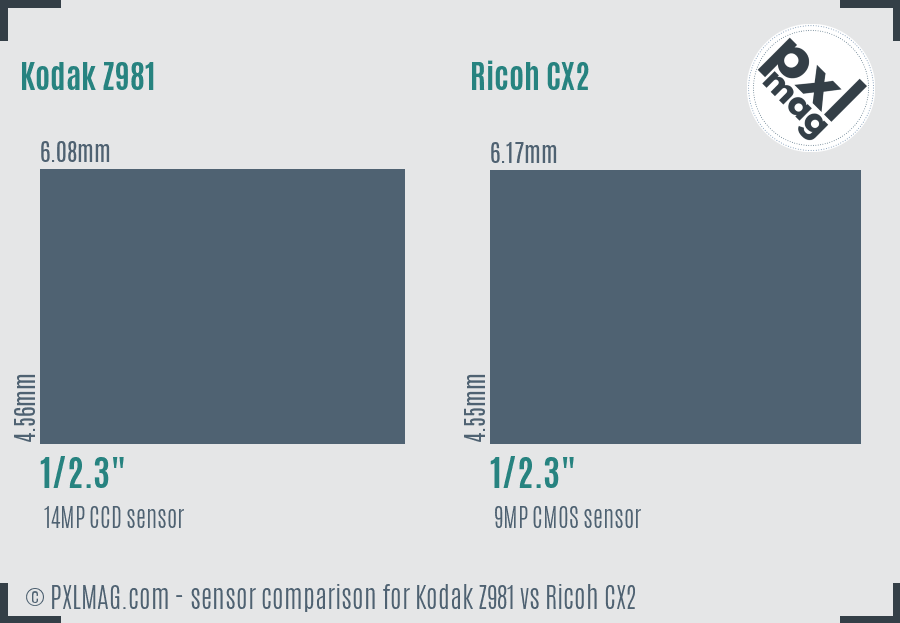 Kodak Z981 vs Ricoh CX2 sensor size comparison Kodak Z981 vs Ricoh CX2 sensor size comparison