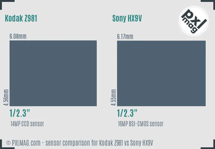 Kodak Z981 vs Sony HX9V sensor size comparison