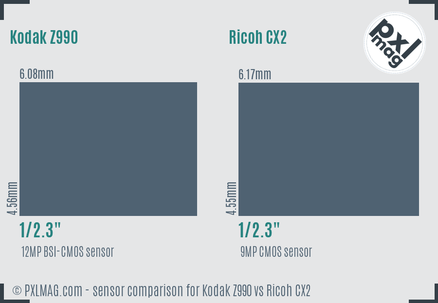 Kodak Z990 vs Ricoh CX2 sensor size comparison