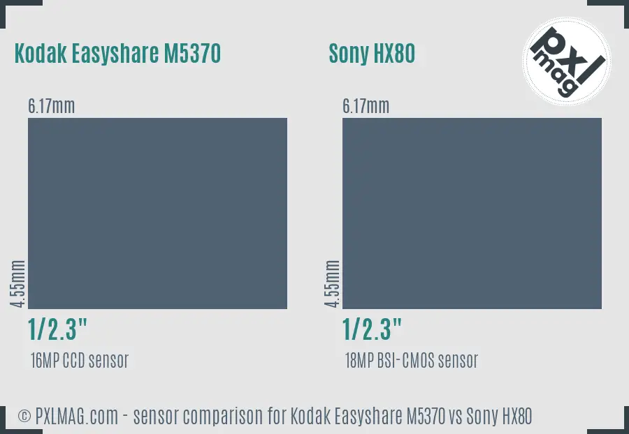 Kodak Easyshare M5370 vs Sony HX80 sensor size comparison