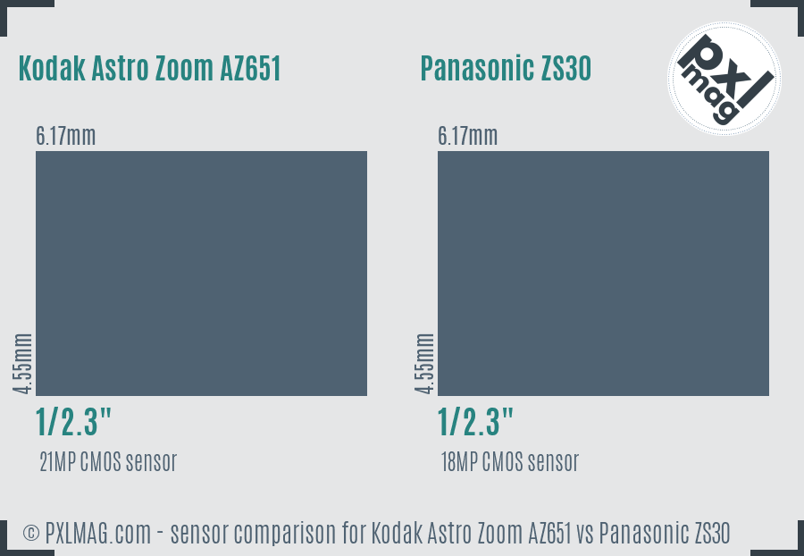 Kodak Astro Zoom AZ651 vs Panasonic ZS30 sensor size comparison