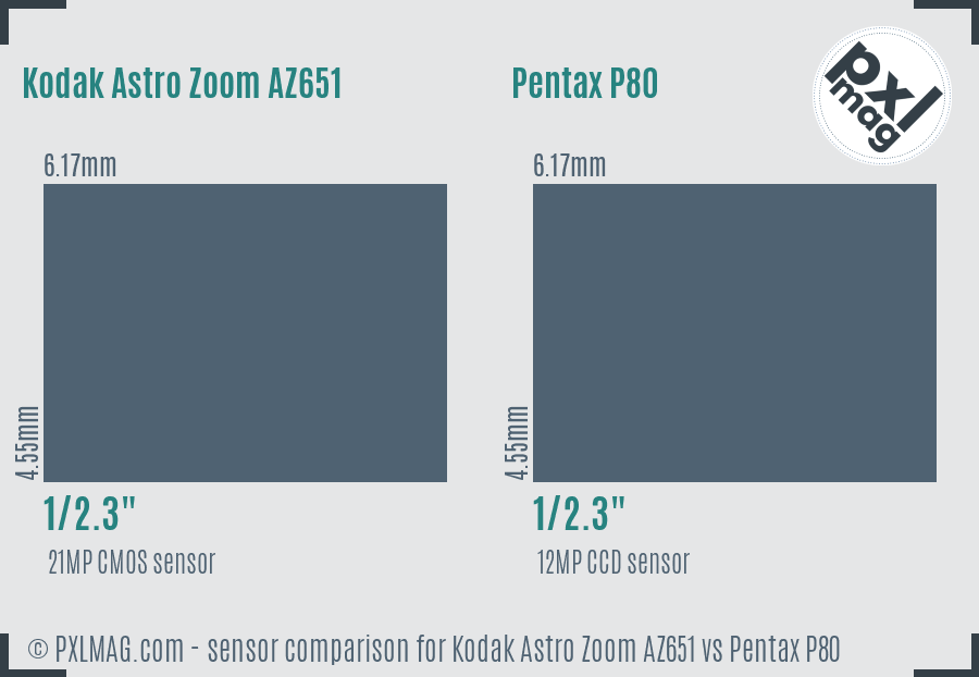 Kodak Astro Zoom AZ651 vs Pentax P80 sensor size comparison