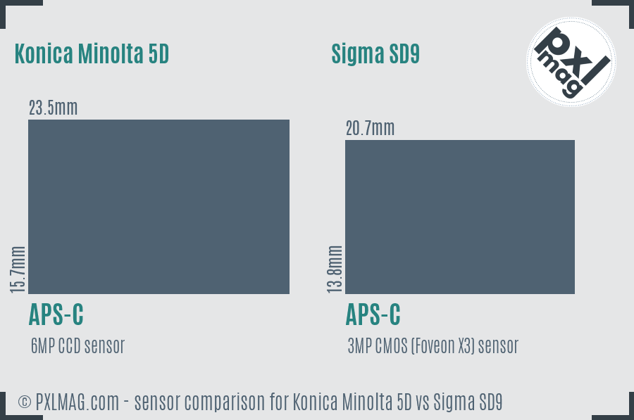 Konica Minolta 5D vs Sigma SD9 sensor size comparison