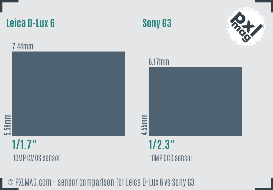 Leica D-Lux 6 vs Sony G3 sensor size comparison